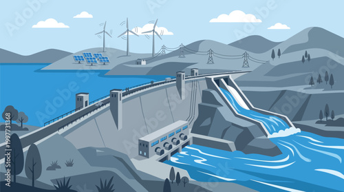 A serene landscape illustration of a dam releasing water into a river with wind turbines in the background on a sunny day with mountains.