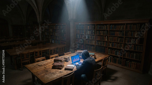 Student loan debt crisis isolation framing a solitary figure overwhelmed by university library shadows