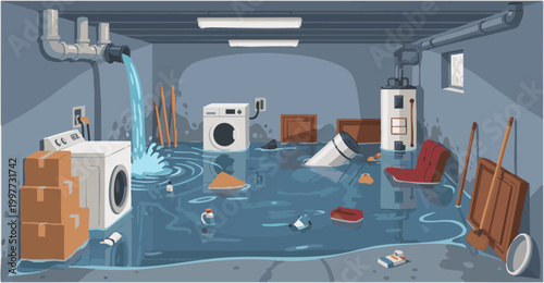 Basement flooding from broken pipe illustration