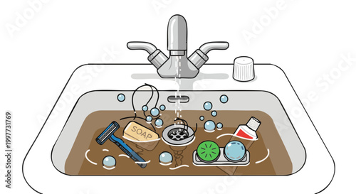 Vector illustration of clogged bathroom sink with dirty brown water