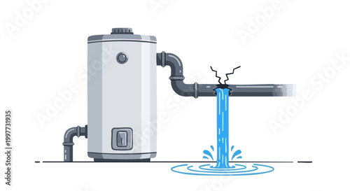 Damaged plumbing system with cracked pipe leaking water near boiler. Vector illustration of household emergency