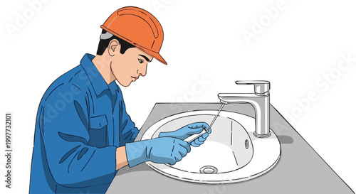 Professional plumber in hard hat installing shiny new chrome faucet into bathroom sink