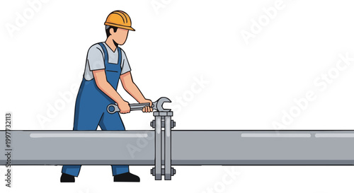 Worker in hard hat tightening pipe nut with wrench. Vector illustration of plumber doing maintenance repair work