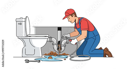 Plumber unclogging toilet pipe with drain auger. Vector illustration of handyman fixing clogged sewage system