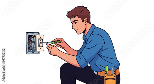 Young electrician installing light switch on black background vector illustration