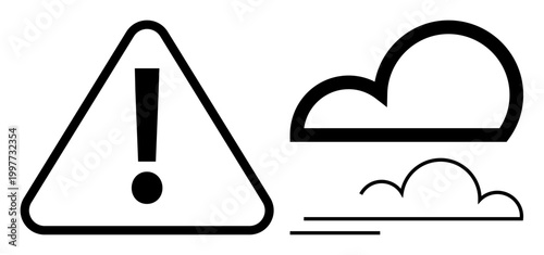 Weather alerts, warning signs, environmental safety, hazard communication, storm precautions, meteorology. A triangular warning sign with exclamation mark next to windy cloud graphics. Weather alerts