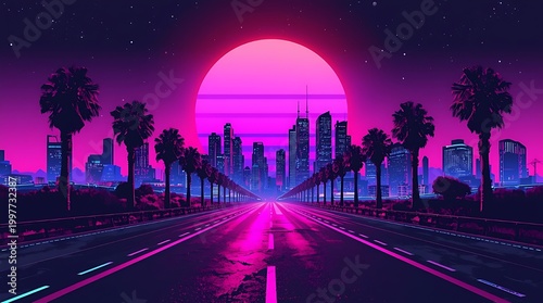 Image is realism mixed with digital artwork in a retro-futuristic, synthwave style, depicting a vibrant cityscape at night. 