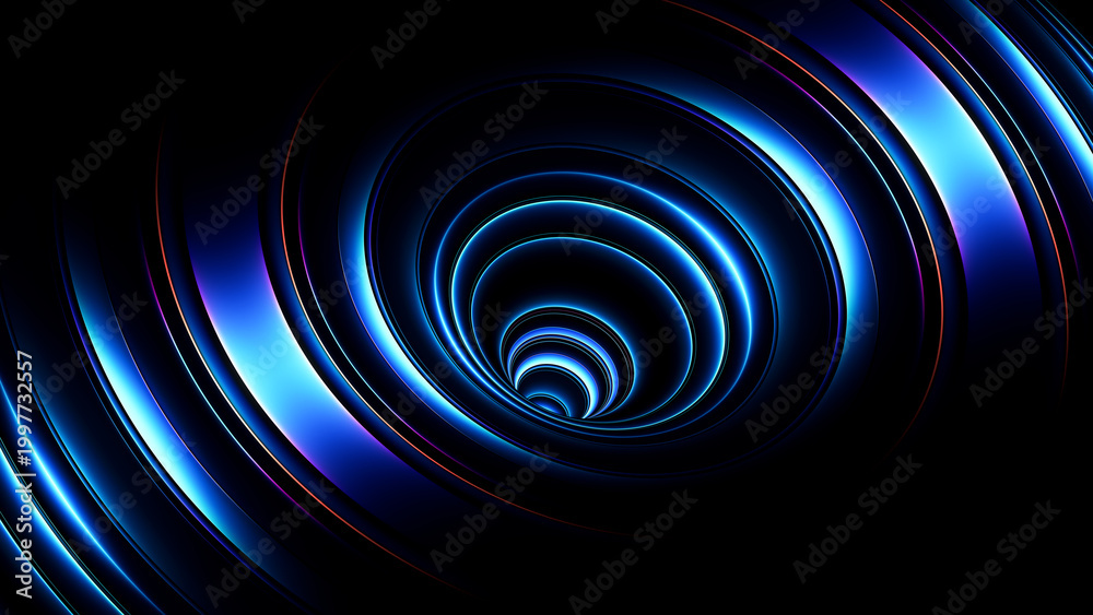 Naklejka premium Blue neon singularity forming deep abstract circular vortex in dark space for technology concept. Glowing curved 3d lines spiral inward creating sense of motion and infinity for innovation visuals