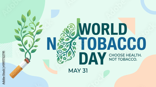 World No Tobacco Day Vector Banner with Leaf Lungs and Cigarette