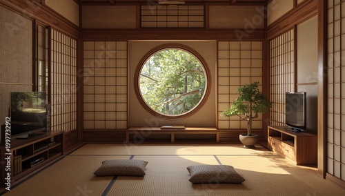Ryokan living room interior design on tatami mat floor.3D rendering