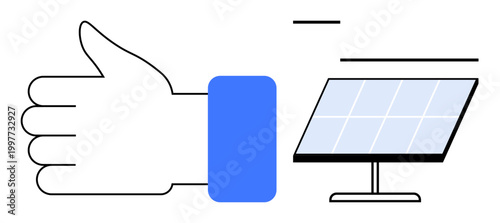 Renewable energy, sustainability, green technology, environmental awareness, clean power, decision-making. Hand giving thumbs up alongside solar panel. Renewable energy and sustainability concept