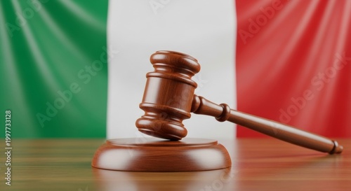 Gavel on wooden block with italian flag background symbolizing justice and authority