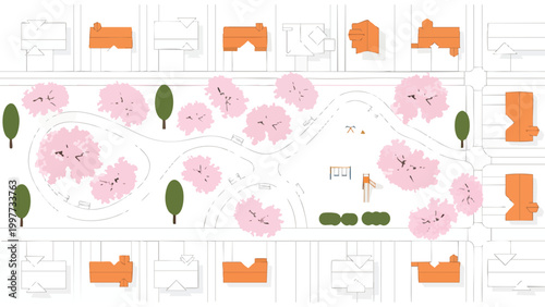 Urban Planning Design Blueprint - Residential Street with Park & Buildings