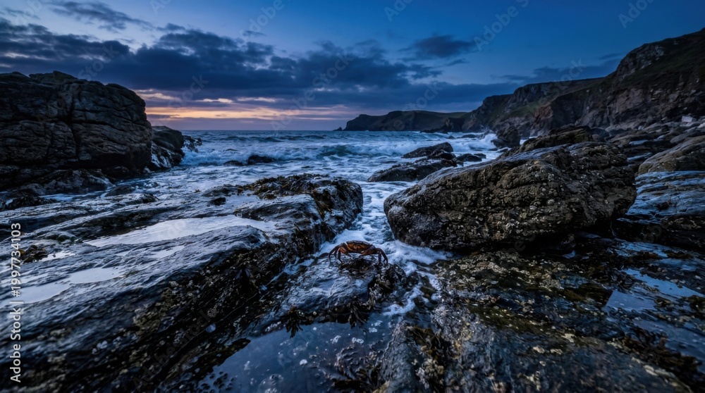 Fototapeta premium Coastal Twilight - Rocky Shoreline Under a Dramatic Sky.