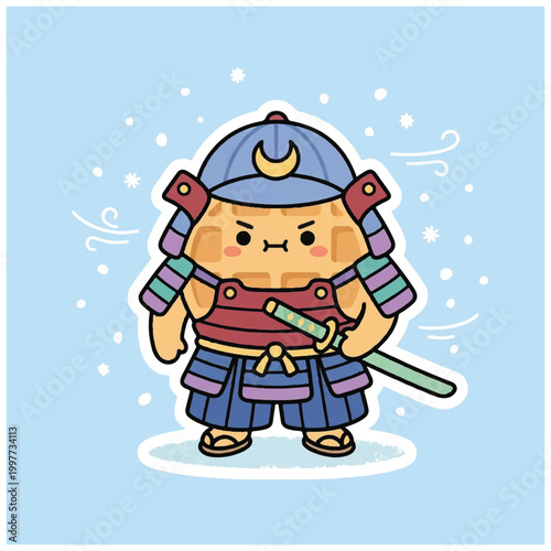 Cute Cartoon Samurai Warrior Character with Armor and Sword.