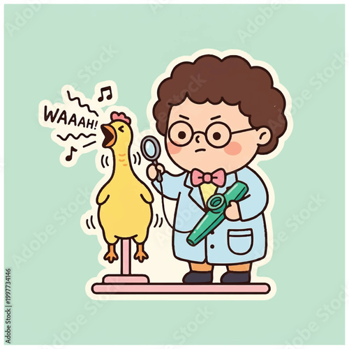 Fotografie Cute cartoon scientist examining a squeaky rubber chicken toy.