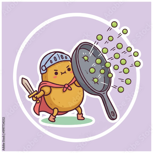 Cute potato knight defending against flying peas with a frying pan shield.