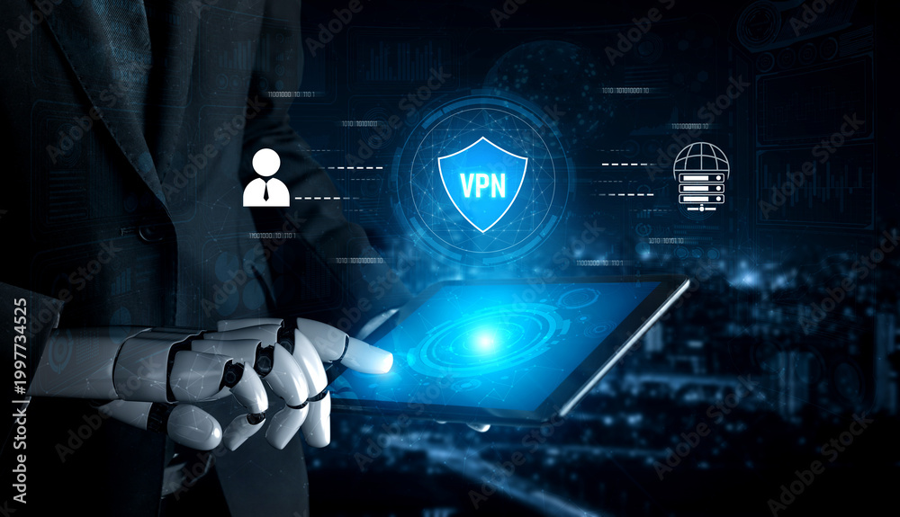 Fototapeta premium AI improves VPN by monitoring traffic, detecting risks, encrypting sessions, and optimizing routing to ensure private, secure, and efficient network access. Vouch
