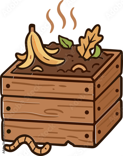 Sustainable organic composting concept a rustic wooden bin showcasing decomposing food scraps and autumn leaves, symbolizing eco-friendly waste recycling for nutrient-rich garden soil