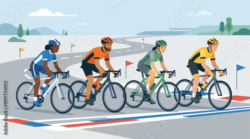 This flat design illustration captures the moment of anticipation at the start line of a cycling race, with diverse riders poised for action. It conveys readiness, competition, and the beginning 