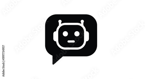 Black and white robot face in a speech bubble
