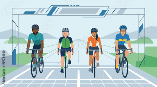 This flat design illustration captures the moment of anticipation at the start line of a cycling race, with diverse riders poised for action. It conveys readiness, competition, and the beginning 