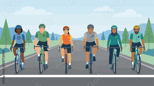 This flat design illustration captures the moment of anticipation at the start line of a cycling race, with diverse riders poised for action. It conveys readiness, competition, and the beginning 