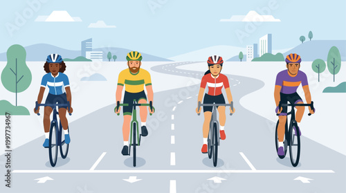This flat design illustration captures the moment of anticipation at the start line of a cycling race, with diverse riders poised for action. It conveys readiness, competition, and the beginning 