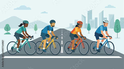 This flat design illustration captures the moment of anticipation at the start line of a cycling race, with diverse riders poised for action. It conveys readiness, competition, and the beginning 
