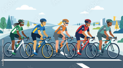 This flat design illustration captures the moment of anticipation at the start line of a cycling race, with diverse riders poised for action. It conveys readiness, competition, and the beginning 