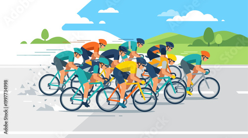 An energetic flat design illustration depicting a professional cycling peloton in a dynamic full sprint, emphasizing speed and competitive action. The composition highlights synchronized movement
