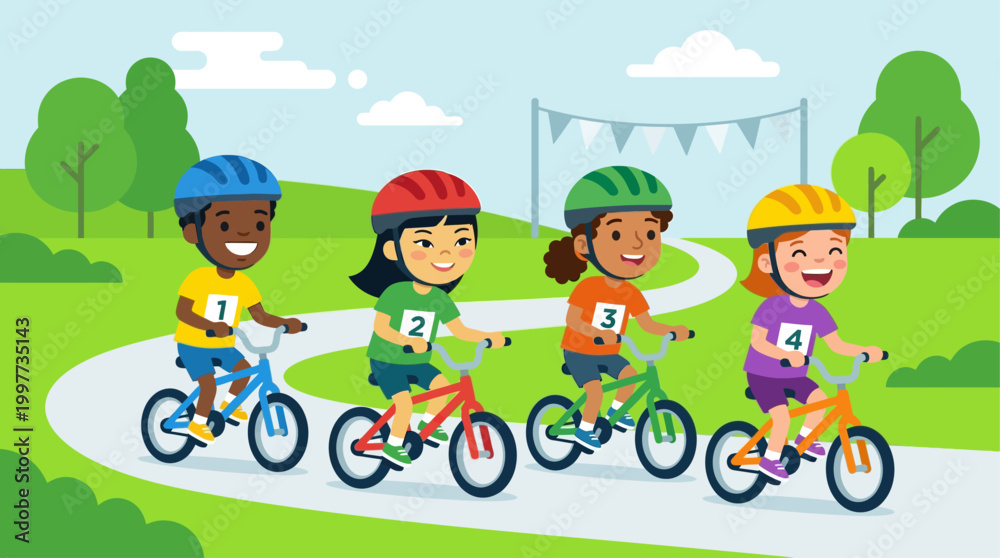 Fototapeta premium A cheerful flat design illustration depicting a group of diverse children joyfully participating in a friendly cycling race.