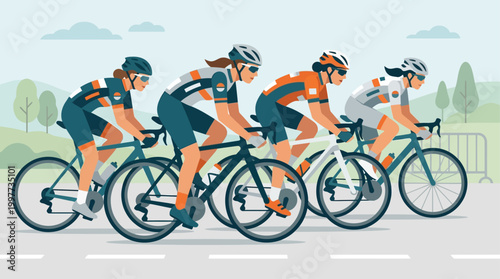 This empowering flat design illustration features a group of female cyclists demonstrating strength and determination in a competitive road race.