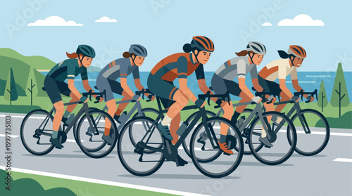 This empowering flat design illustration features a group of female cyclists demonstrating strength and determination in a competitive road race.