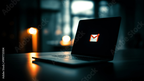 A laptop screen with a glowing email icon sits in a dimly lit room, suggesting digital communication and potential alerts.