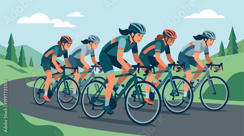 This empowering flat design illustration features a group of female cyclists demonstrating strength and determination in a competitive road race.