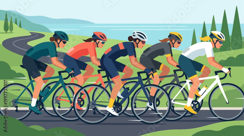 This empowering flat design illustration features a group of female cyclists demonstrating strength and determination in a competitive road race.