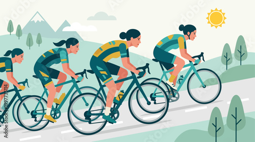 This empowering flat design illustration features a group of female cyclists demonstrating strength and determination in a competitive road race.