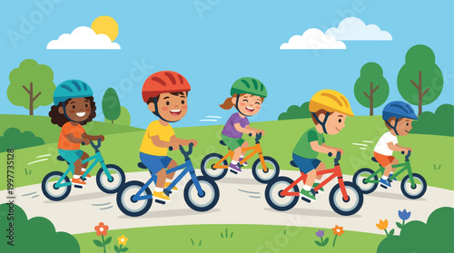 A cheerful flat design illustration depicting a group of diverse children joyfully participating in a friendly cycling race.