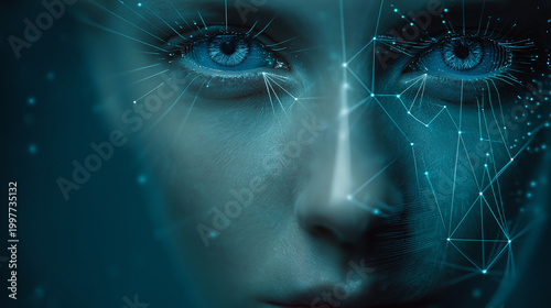 A close-up of a female face with glowing digital network patterns, symbolizing AI, data, and connectivity.