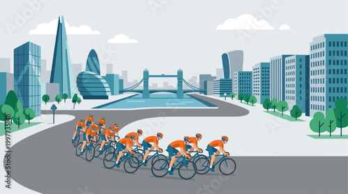 This dynamic flat design illustration captures cyclists racing through a modern urban cityscape, showcasing the excitement of an event in a metropolitan environment.