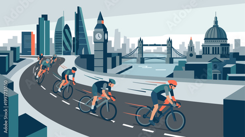 This dynamic flat design illustration captures cyclists racing through a modern urban cityscape, showcasing the excitement of an event in a metropolitan environment.
