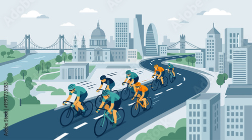 This dynamic flat design illustration captures cyclists racing through a modern urban cityscape, showcasing the excitement of an event in a metropolitan environment.