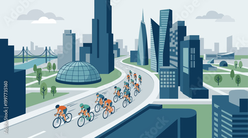 This dynamic flat design illustration captures cyclists racing through a modern urban cityscape, showcasing the excitement of an event in a metropolitan environment.