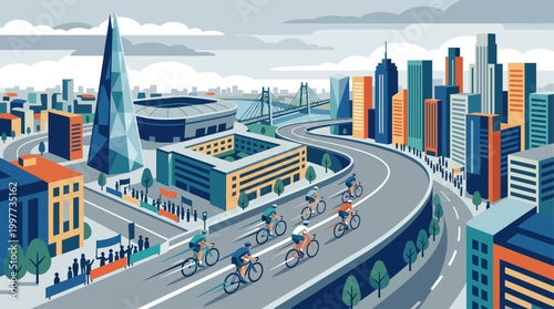 This dynamic flat design illustration captures cyclists racing through a modern urban cityscape, showcasing the excitement of an event in a metropolitan environment.