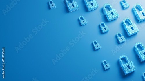 A vibrant pattern of multiple glowing blue padlocks on a bright blue background, symbolizing ubiquitous digital security.