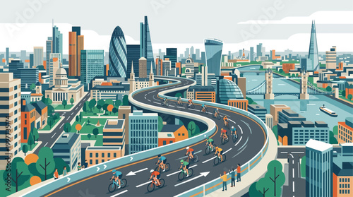 This dynamic flat design illustration captures cyclists racing through a modern urban cityscape, showcasing the excitement of an event in a metropolitan environment.