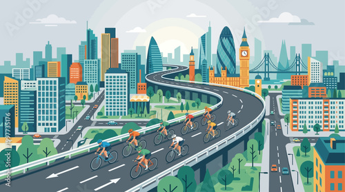 This dynamic flat design illustration captures cyclists racing through a modern urban cityscape, showcasing the excitement of an event in a metropolitan environment.