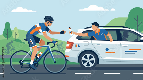 This flat design illustration vividly portrays the essential teamwork and support provided by a team vehicle to a cyclist during a race.