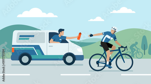 This flat design illustration vividly portrays the essential teamwork and support provided by a team vehicle to a cyclist during a race.